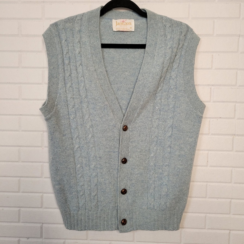 Vintage‎ Jantzen Mens Blue Cable Knit Sweater Vest Sz M Grandpa Academia Preppy